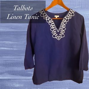 Coastal Grandma- Talbots 100% Linen Tunic with embroidered neckline